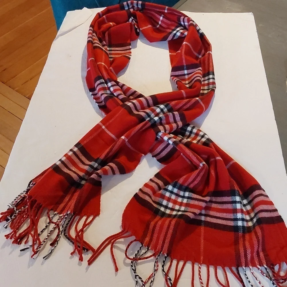 Cashmere Unisex Red/ Black Plaid Butter Soft Fringe Dress Holidays Winter Scarf